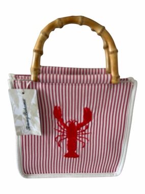 Tommy  Bahama  Lobster Tote  Bag Bamboo Handle Red White Stripe Bag Purse NWT
